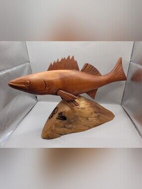 Vintage Hand Carved Wood Fish Sculpture Driftwood Base Signed Made Canada READ